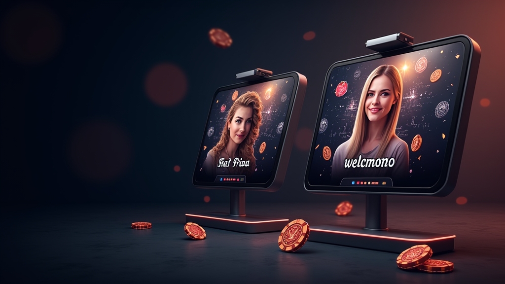 Donkere casino lounge met bonusenveloppen, spins en spelersprofielen