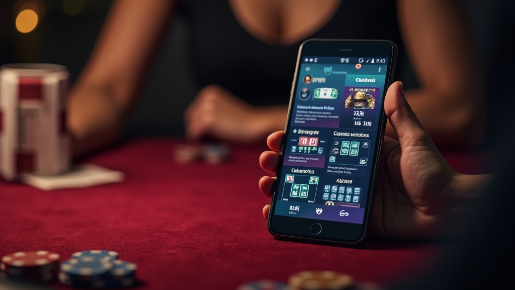 Hand met smartphone die een app in een casino-achtige sfeer beoordeelt