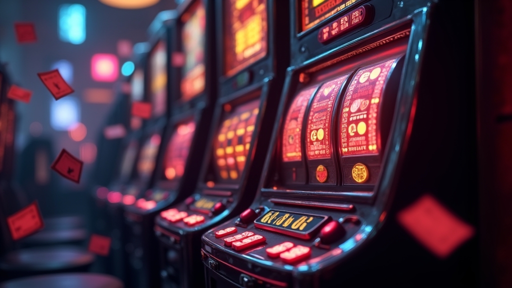 Speelautomaat met gratis spins en zichtbare spelregels in een donkere casinoruimte