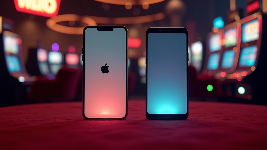 iPhone en Android-telefoon naast elkaar in een donkere casino-omgeving