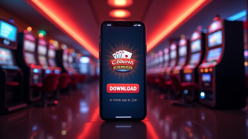 Smartphone met downloadscherm in een sfeervolle casino-omgeving